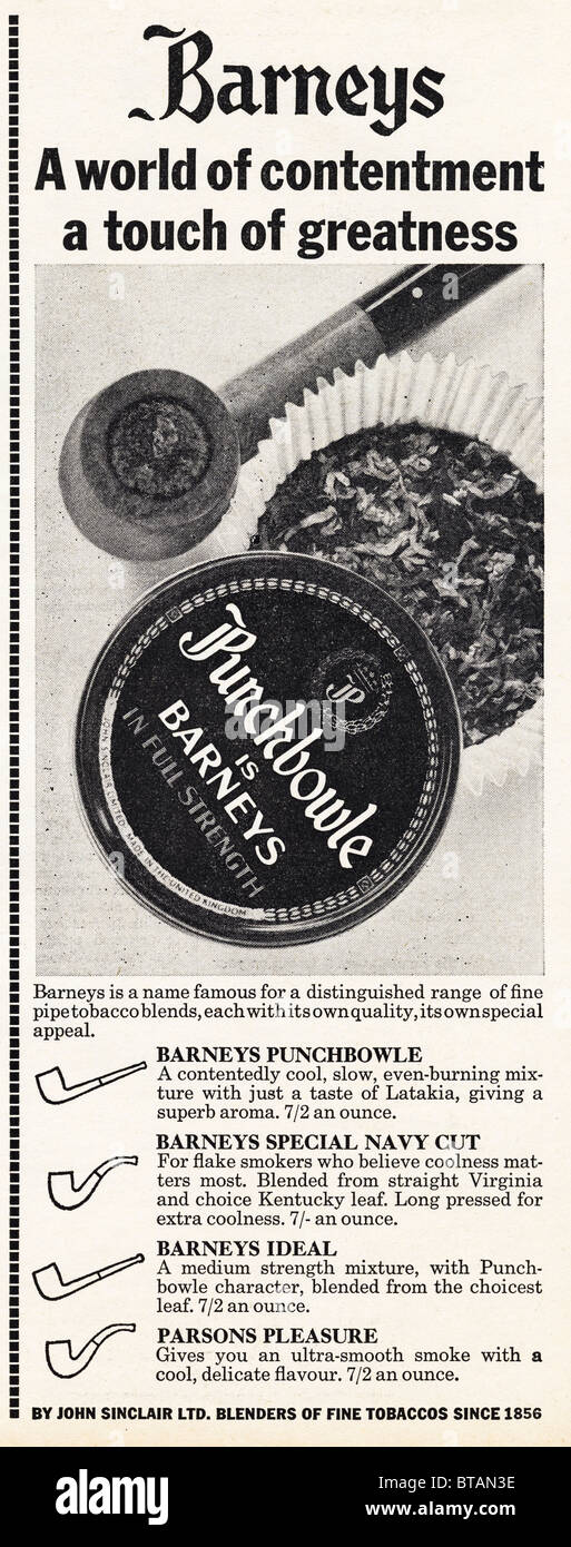 parson's pleasure tobacco Advert for Barneys Punchbowle pipe tobacco in magazine dated 17th November  1965 Stock Photo