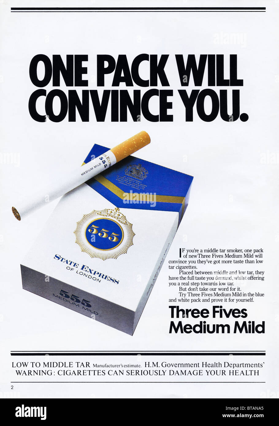 Advert for Three Fives cigarettes with health warning in magazine dated September 1979 Stock Photo