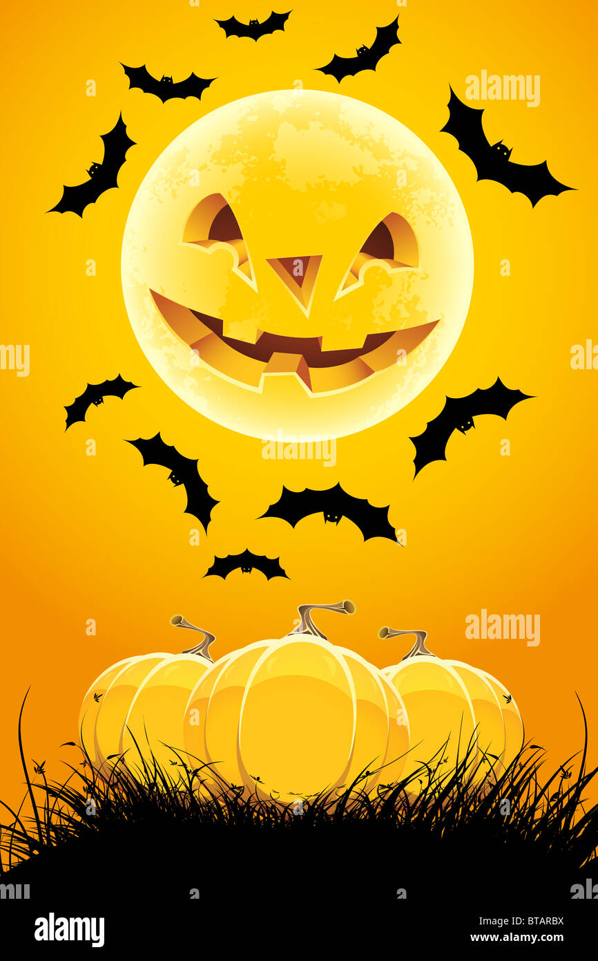 Halloween night background with pumpkin grass and moon Stock Photo - Alamy