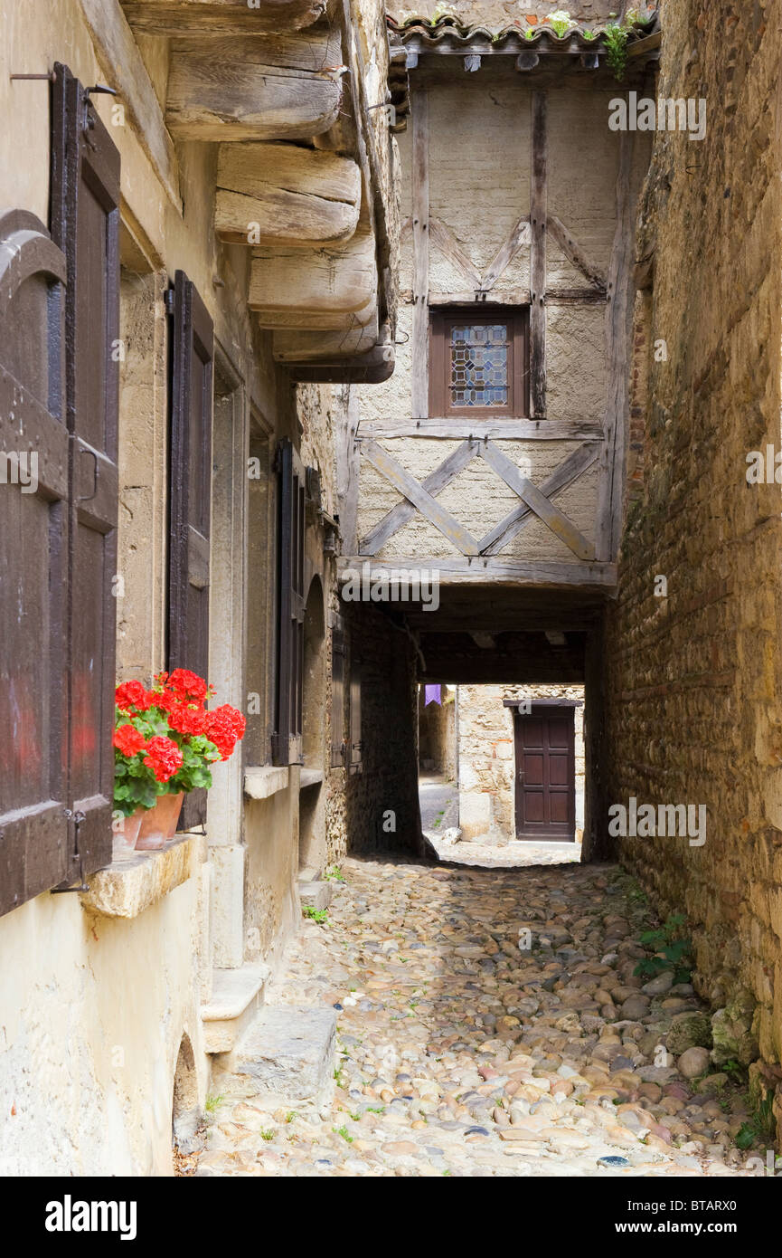 Cobblestone street, Medieval walled town of Perouges, France Stock ...