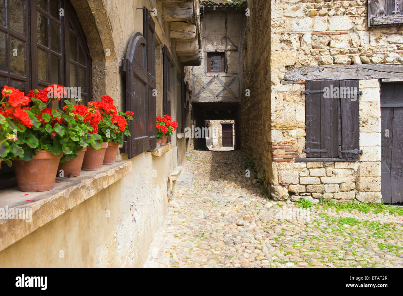 Cobblestone street, Medieval walled town of Perouges, France Stock ...