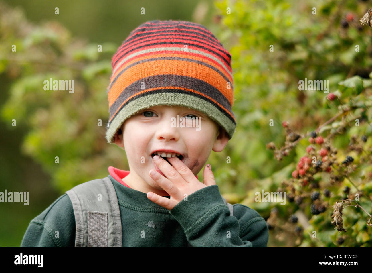 A boy eating blackberries on a nature walk at Conwy RSPB reserve Stock Photo