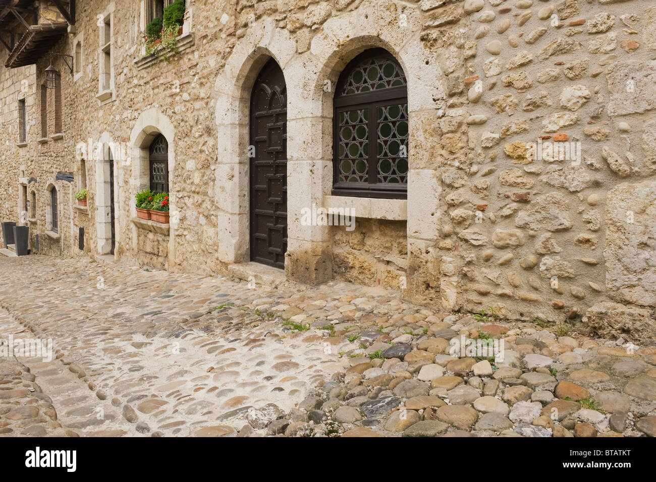Cobblestone street, Medieval walled town of Perouges, France Stock ...