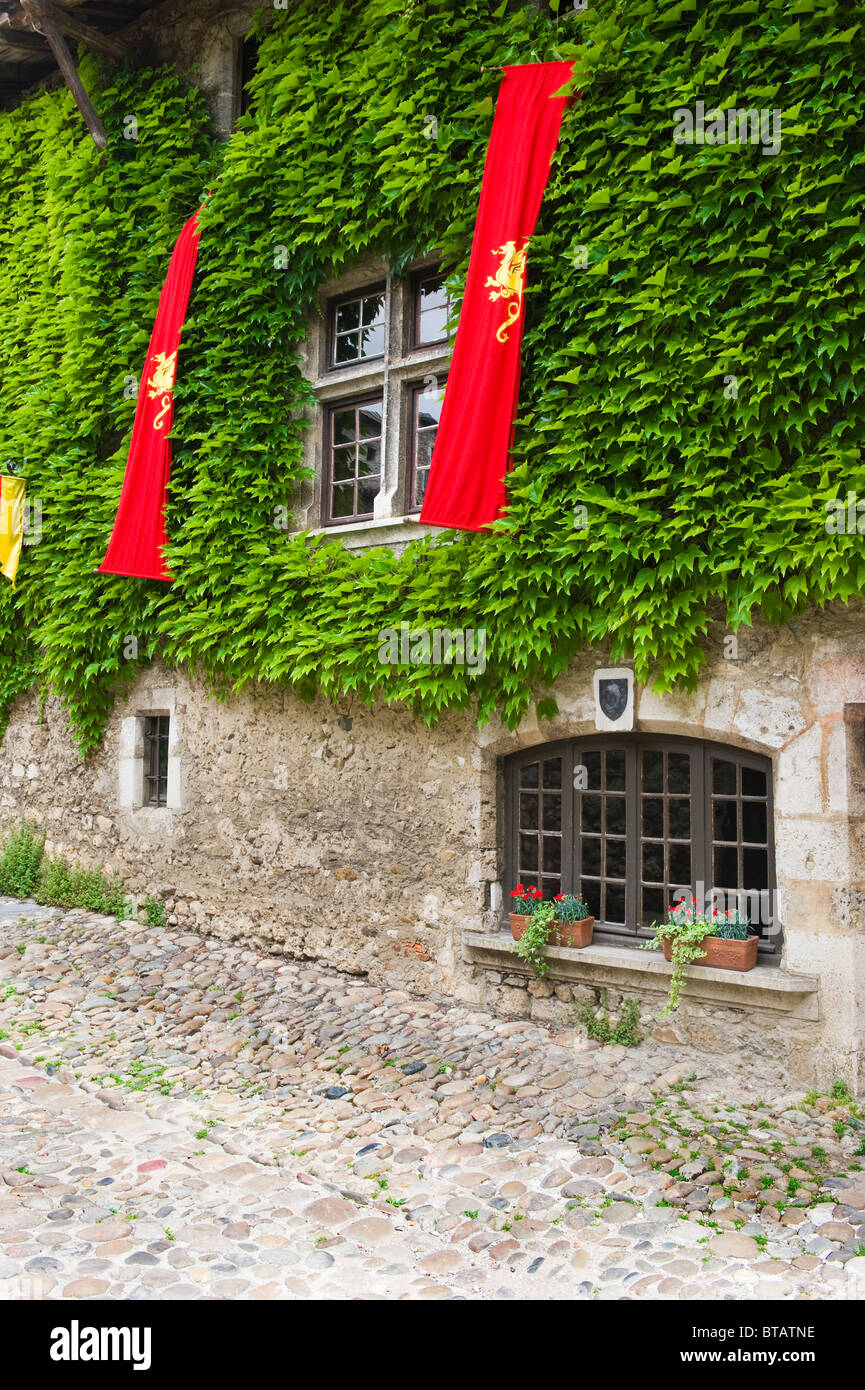 Cobblestone street, Medieval walled town of Perouges, France Stock ...
