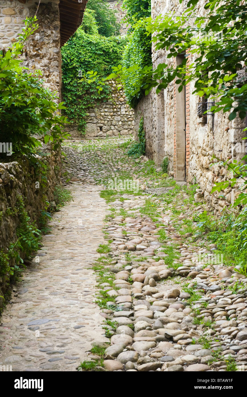 Cobblestone street, Medieval walled town of Perouges, France Stock ...