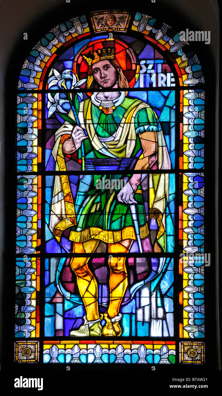 Budapest, Hungary. St Stephen's Cathedral. Stained Glass window in the ...