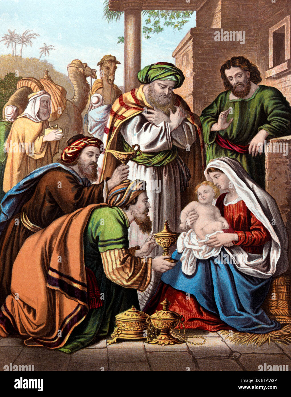 Painting Of The Nativity Three Wise Men Bearing Gifts For Baby Jesus Stock Photo