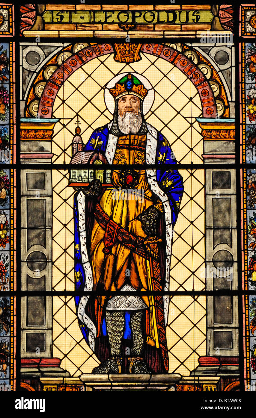 Budapest, Hungary. St Stephen's Basilica (Szent Istvan Bazilika - 1905) Stained Glass Window - St Leopold Stock Photo