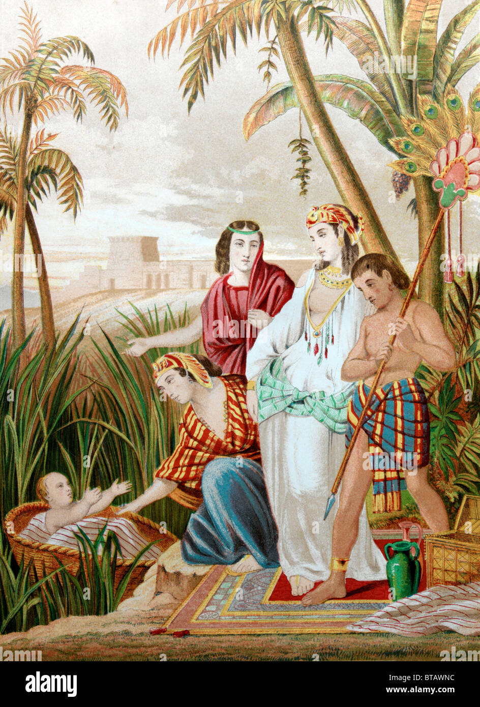 Painting Of Baby Moses Found By The Pharoah's Daughter In The Bulrushes Stock Photo