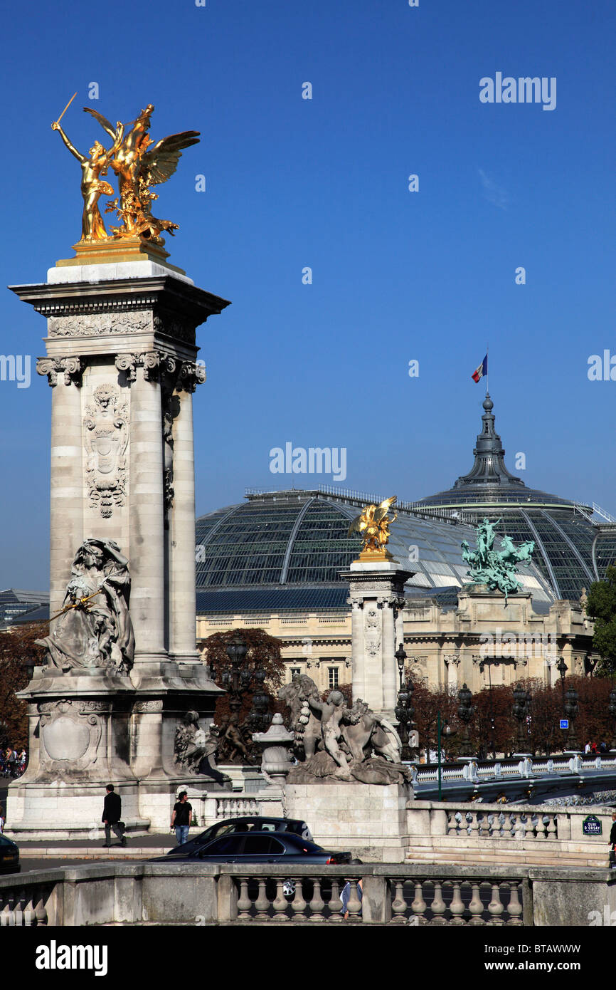 France, Paris, Pont Alexandre III bridge, Grand Palais, Stock Photo