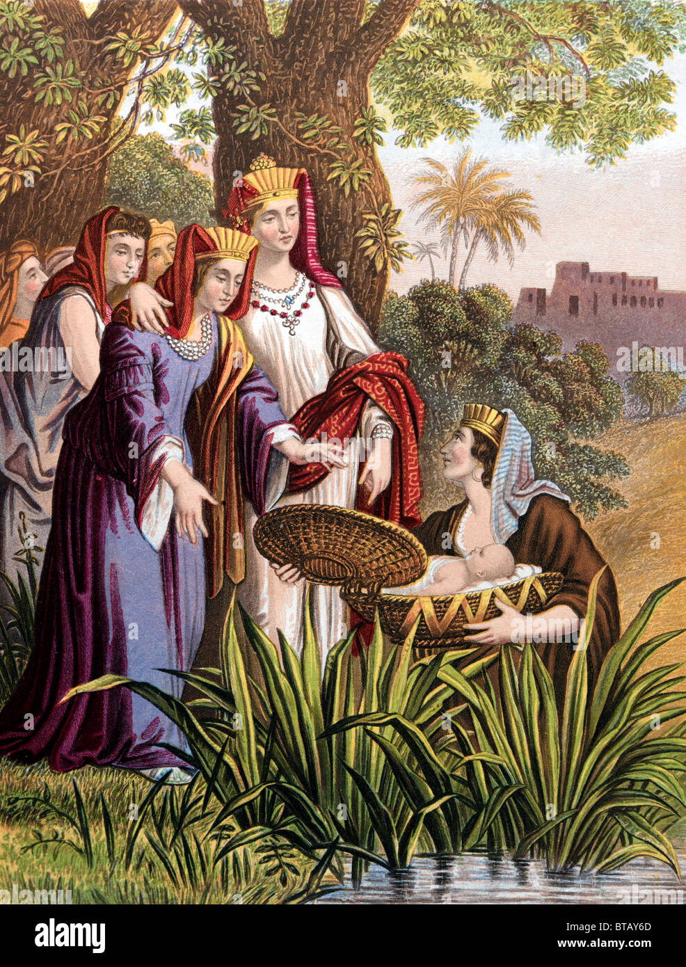 Illustration Of Baby Moses Being Found By The Pharoah's Daughter In The Bulrushes Stock Photo