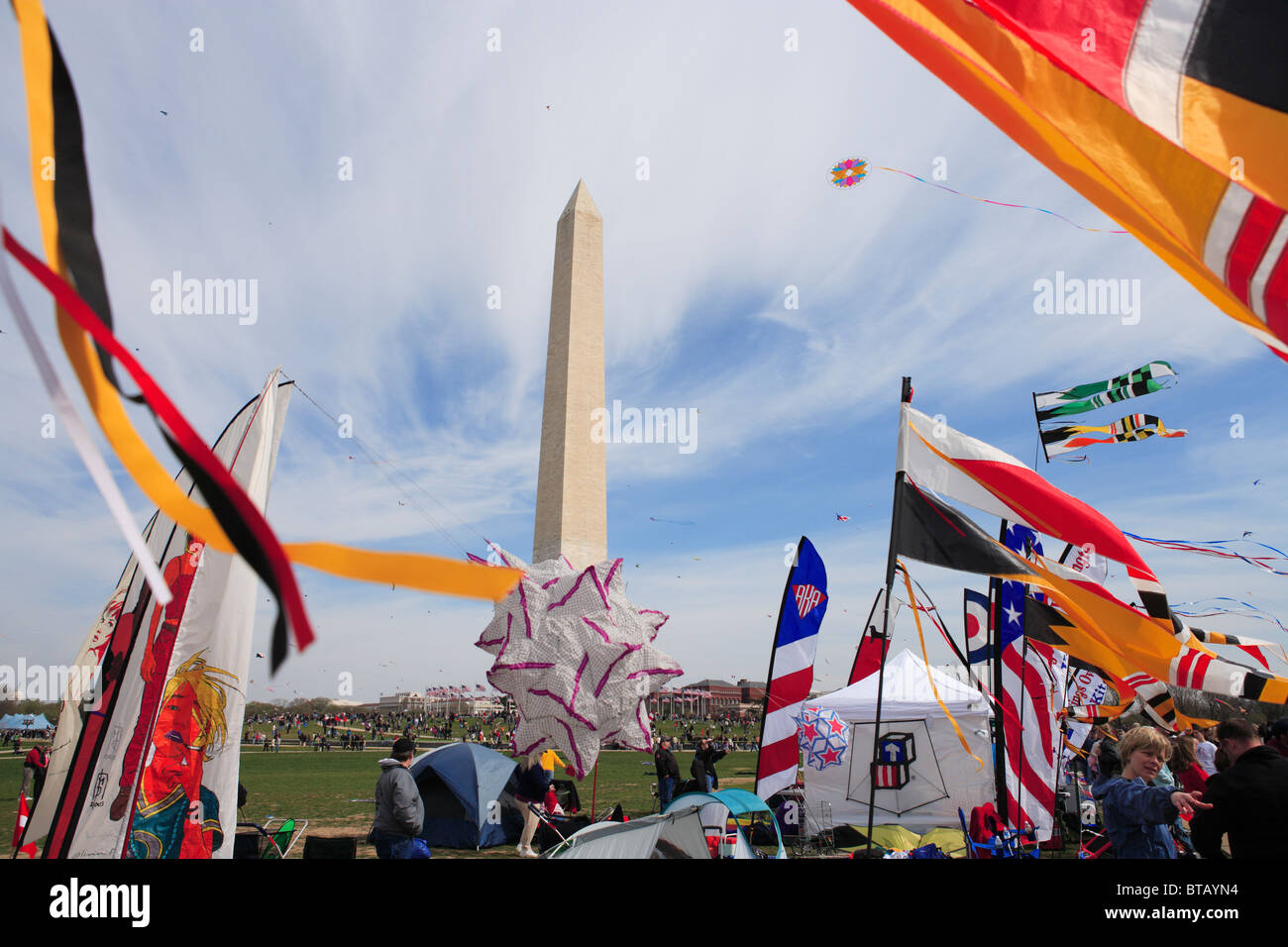 Colorful banners and kites on the United States National Mall during