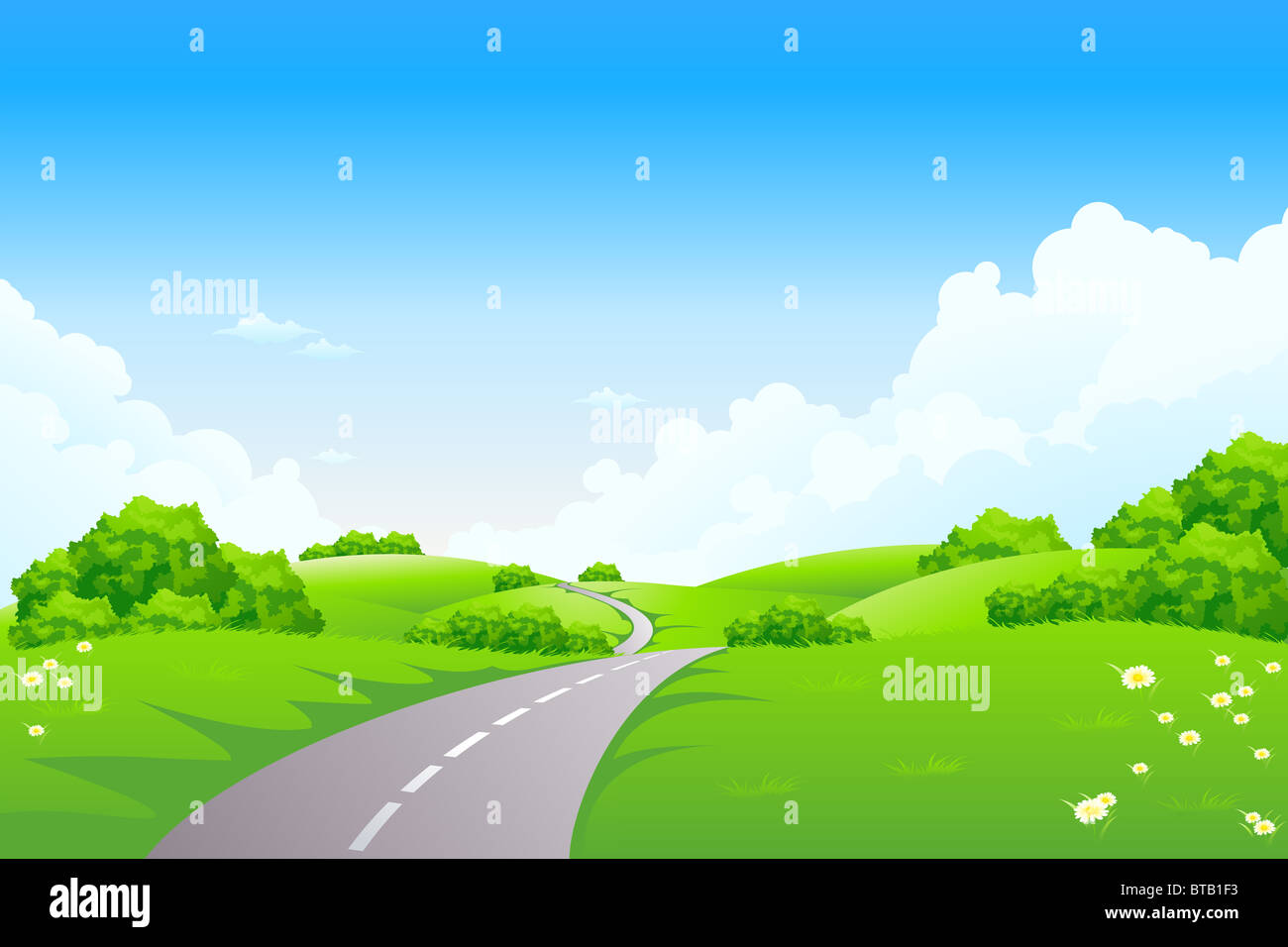 Green landscape with road trees and clouds Stock Photo - Alamy