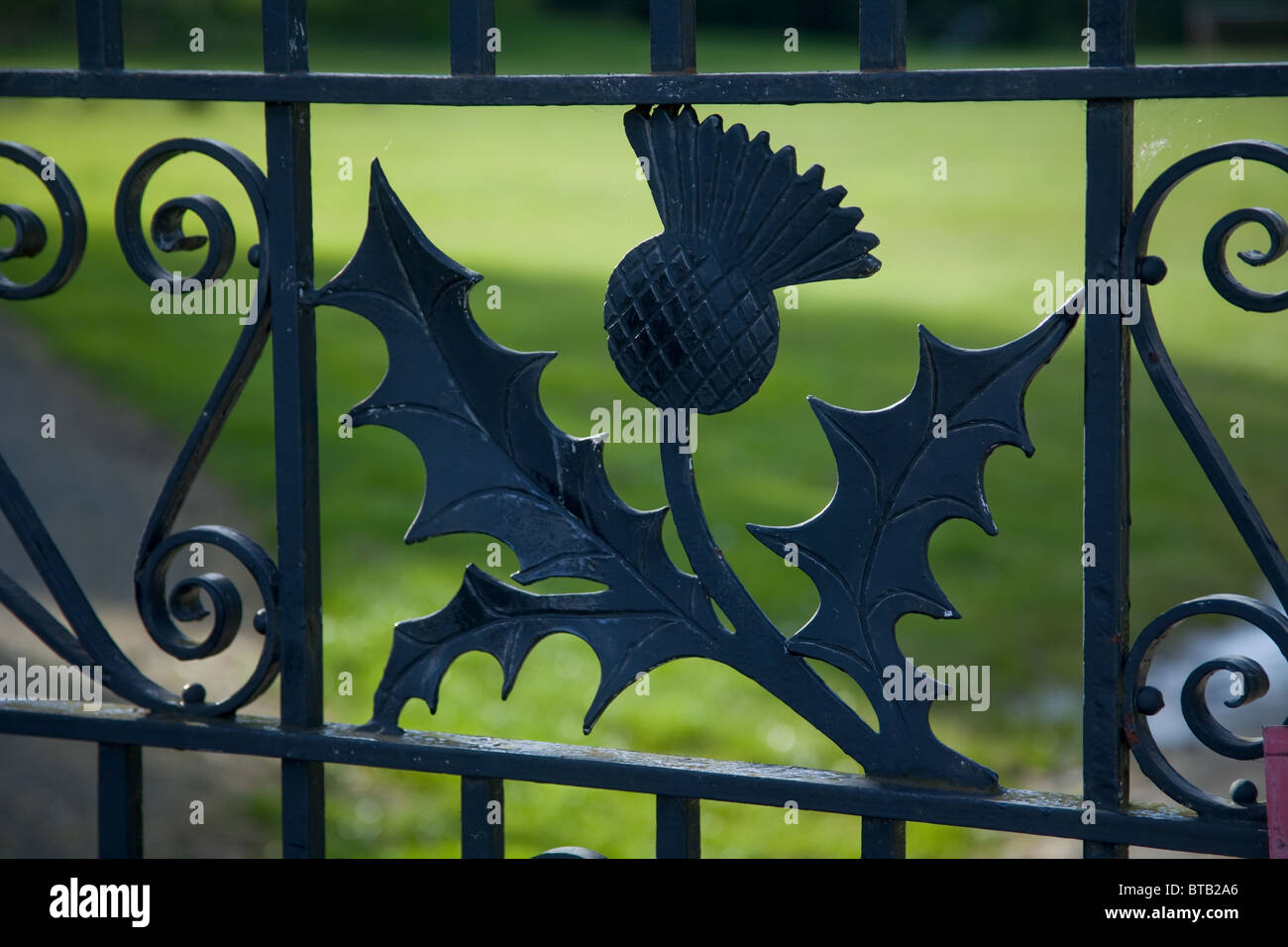 A thistle adorns a park gate in village of Killin Scotland Stock Photo