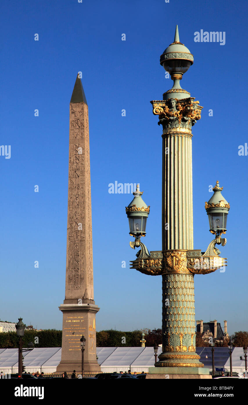 France, Paris, Place de la Concorde, Obelisque, lamp post, Stock Photo
