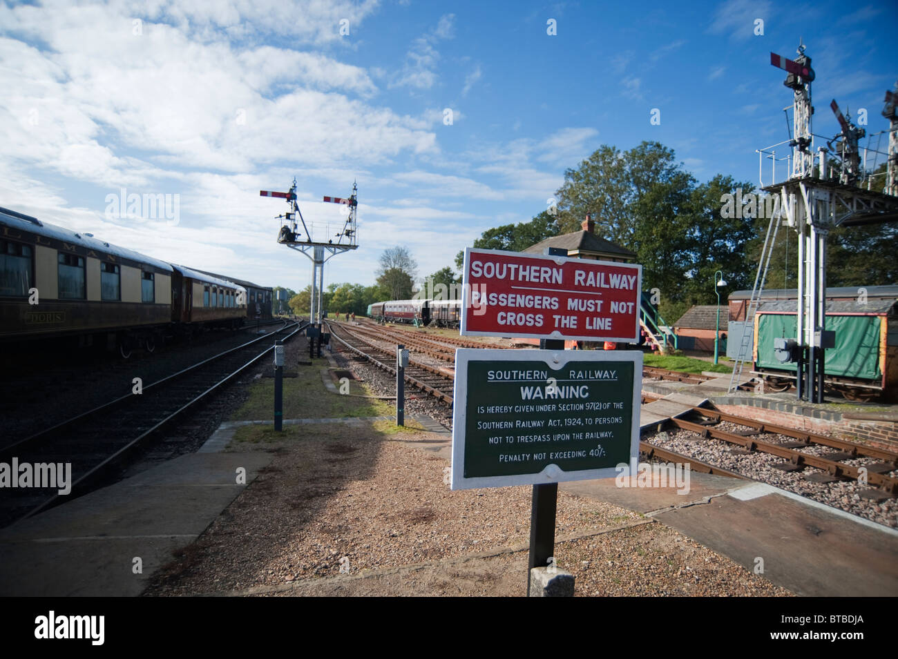 Semaphore Signals and Signs, Bluebell Railway, Sussex, England Stock Photo