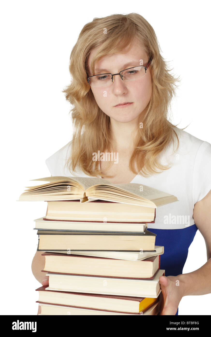 Female student with a pile of books isolated on white background Stock ...