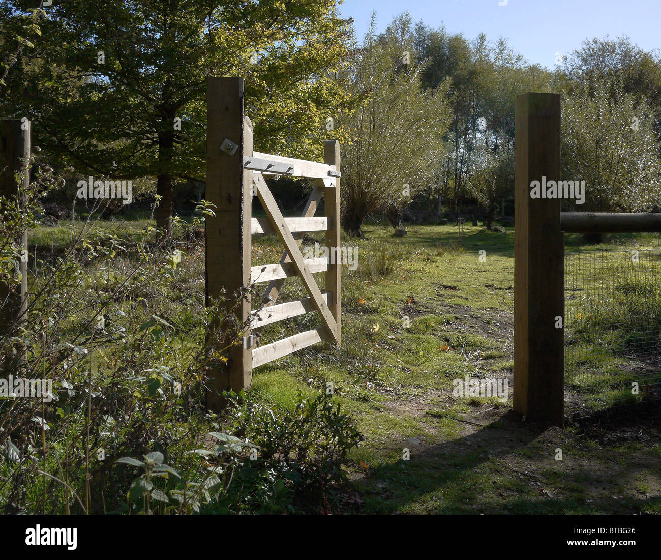 Open Five Barred Field Gate in Hampshire, UK Stock Photo
