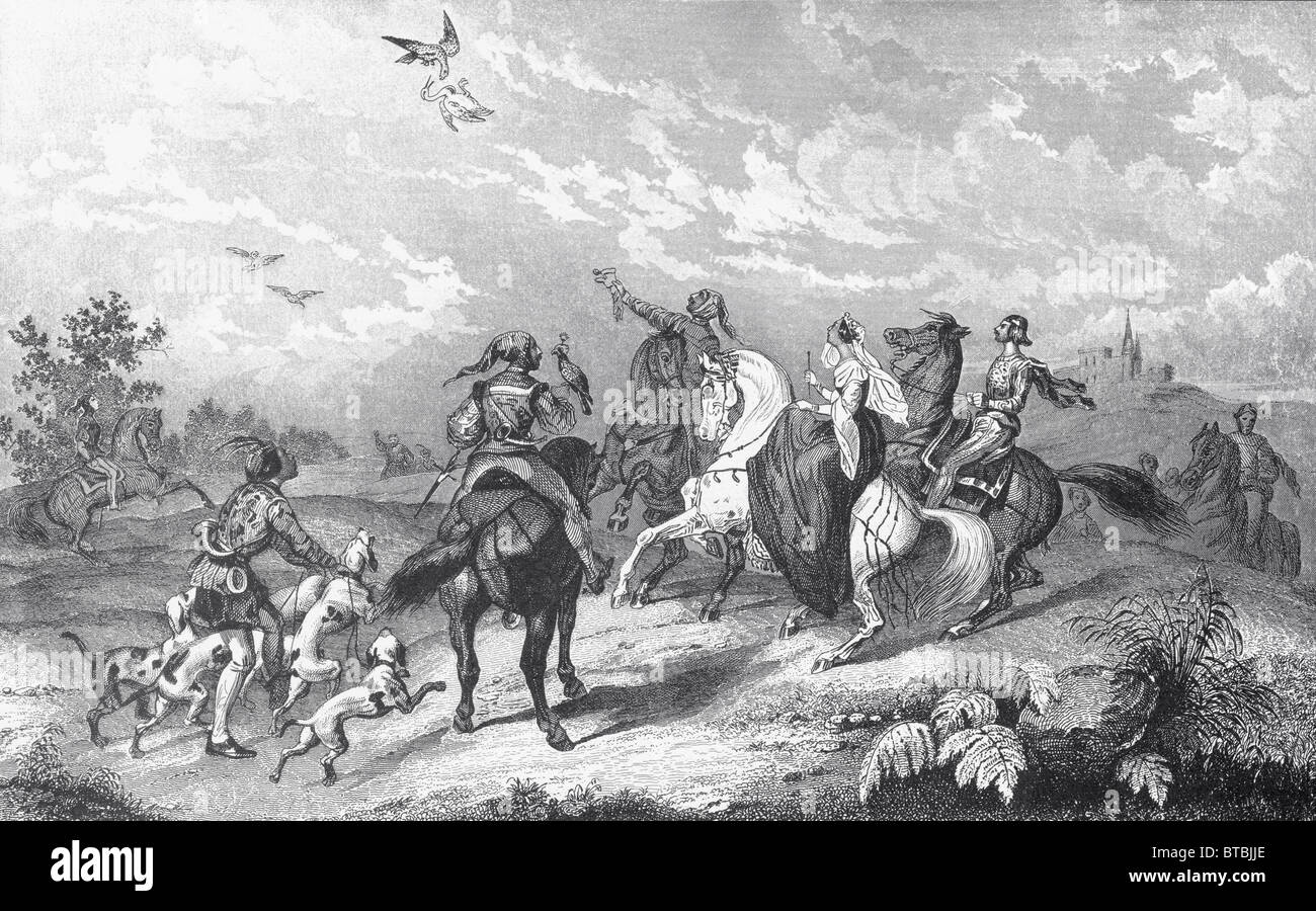 Noblemen and women hawking during a hunt. Stock Photo