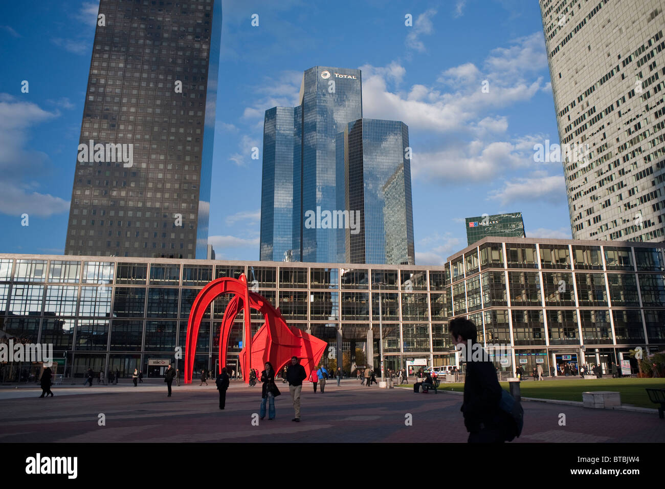 Paris, France- Commercial Architecture, Corporate Headquarters Office Buildings, French Companies, 'La Défense' Commercial Center, glass architecture people, large business buildings Stock Photo