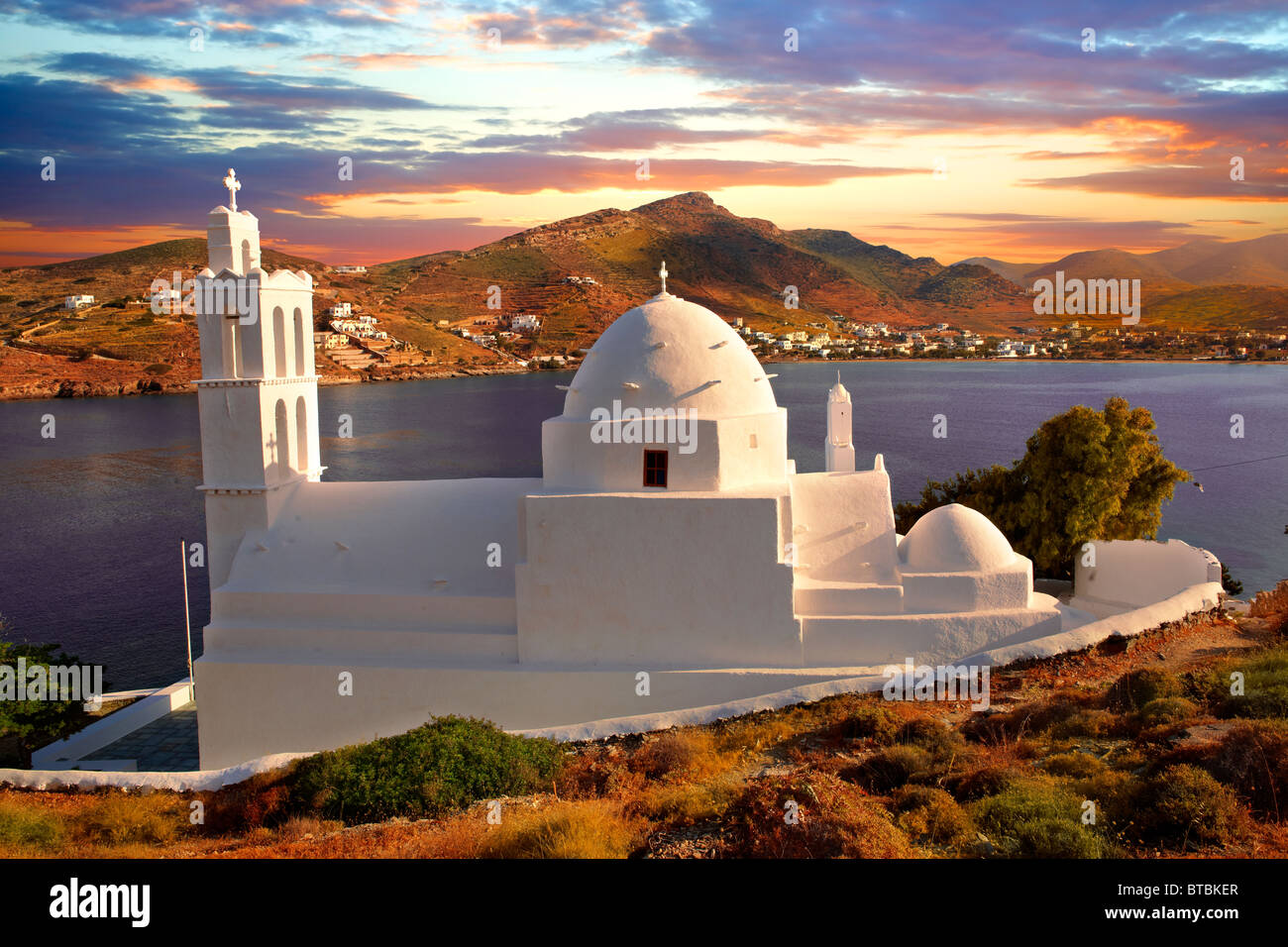 The Byzantine church of Agia Irene on the harbour of Ormos, Ios, Cyclades Islands, Greece Stock Photo