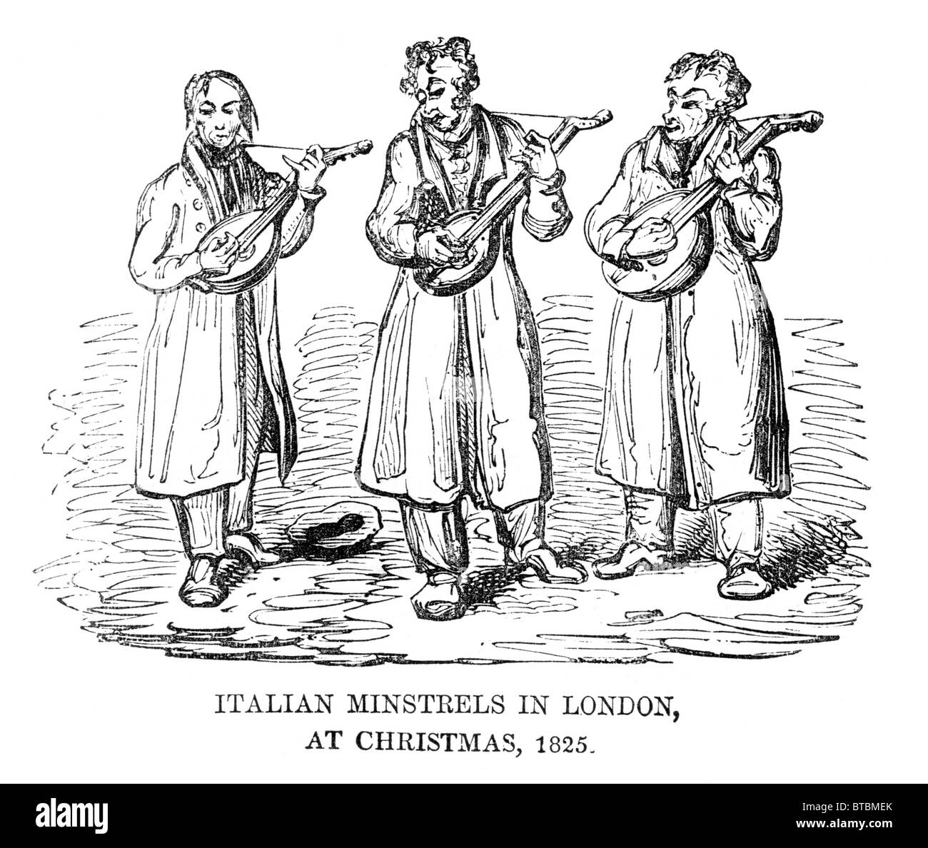 Italian minstrels in London at Christmas 1825; Black and White Illustration from William Hone's Everyday Book Stock Photo