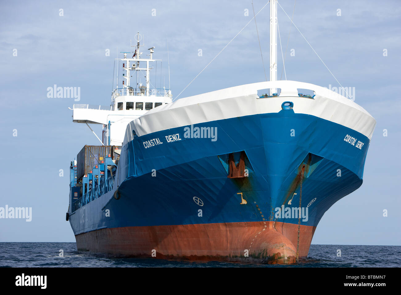bow of coastal deniz dry cargo hazard a major ship at anchor in coastal waters of the uk Stock Photo