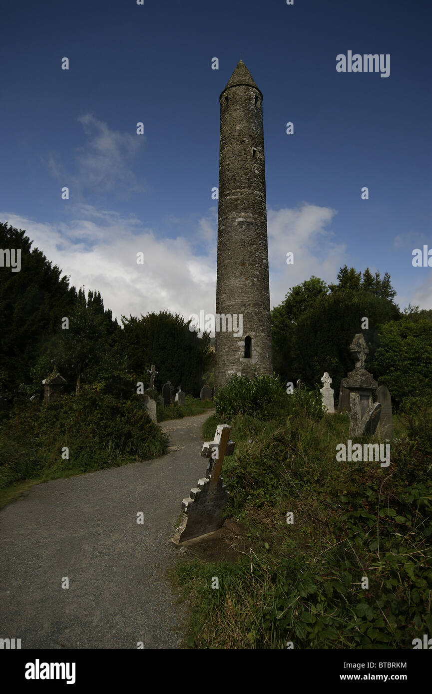 Irish Round Tower, Glendalough, County Wicklow, Ireland Stock Photo