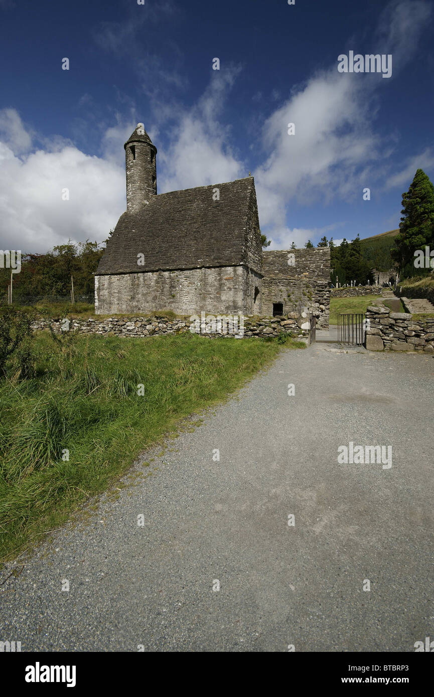 Irish Round Tower Monastic Building, Glendalough, County Wicklow, Ireland Stock Photo