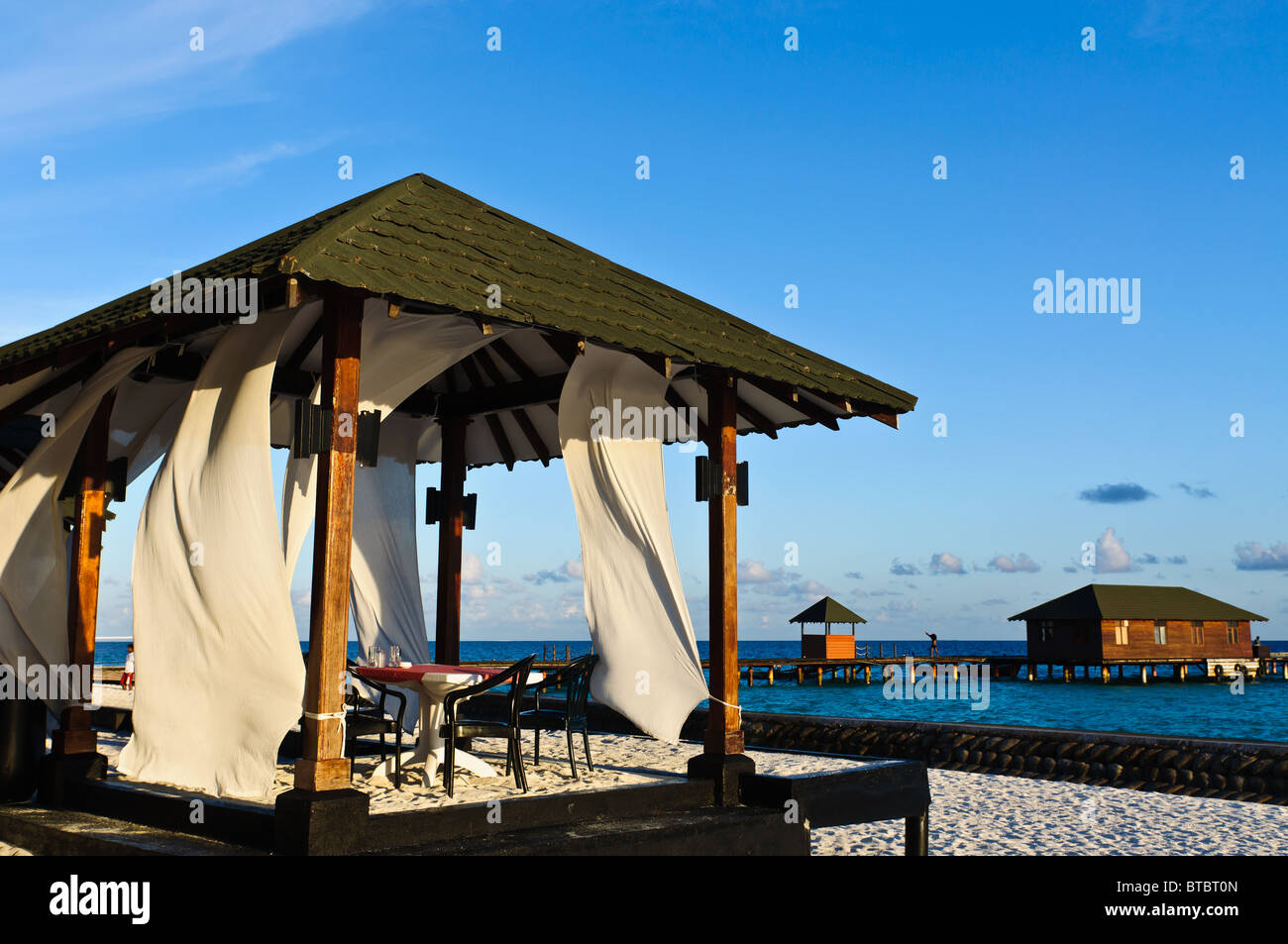 Maldivian cafe on the beach. Stock Photo