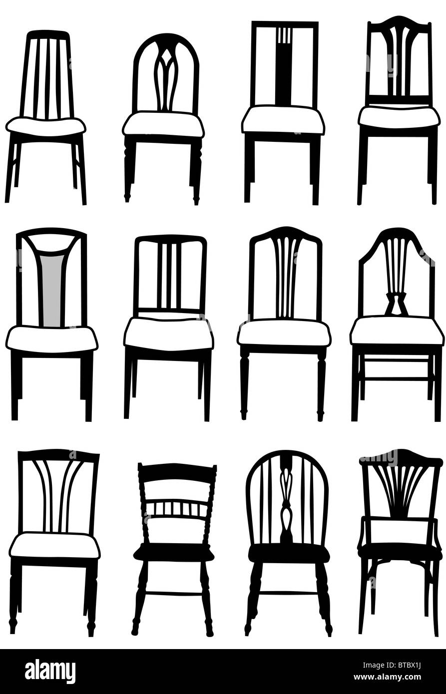Selection of illustrated dining room chairs of different styles Stock