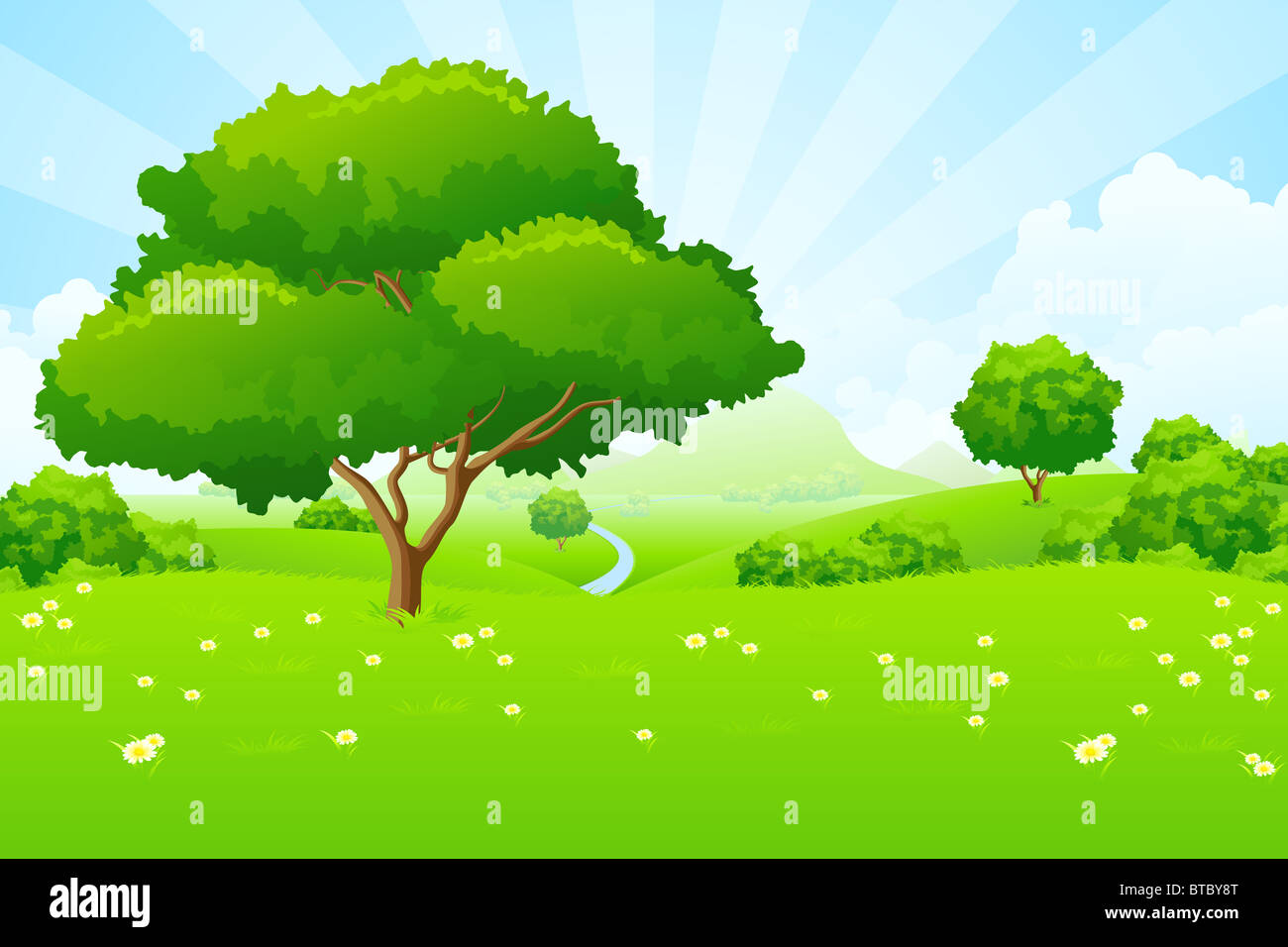 Tree Landscape with blue sky mountains flowers and clouds Stock Photo ...
