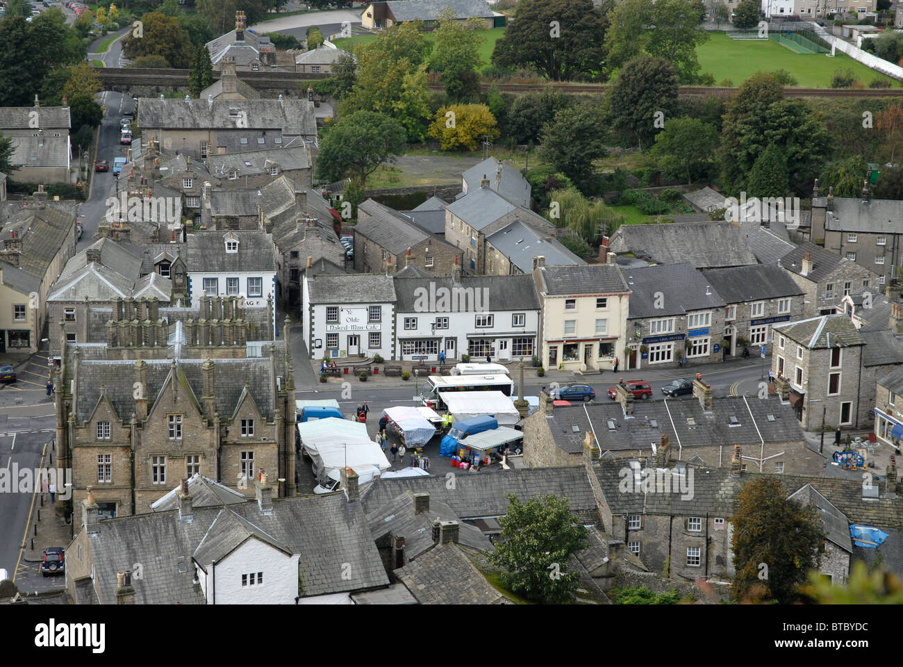 Settle town square on Market Day from above Stock Photo Alamy