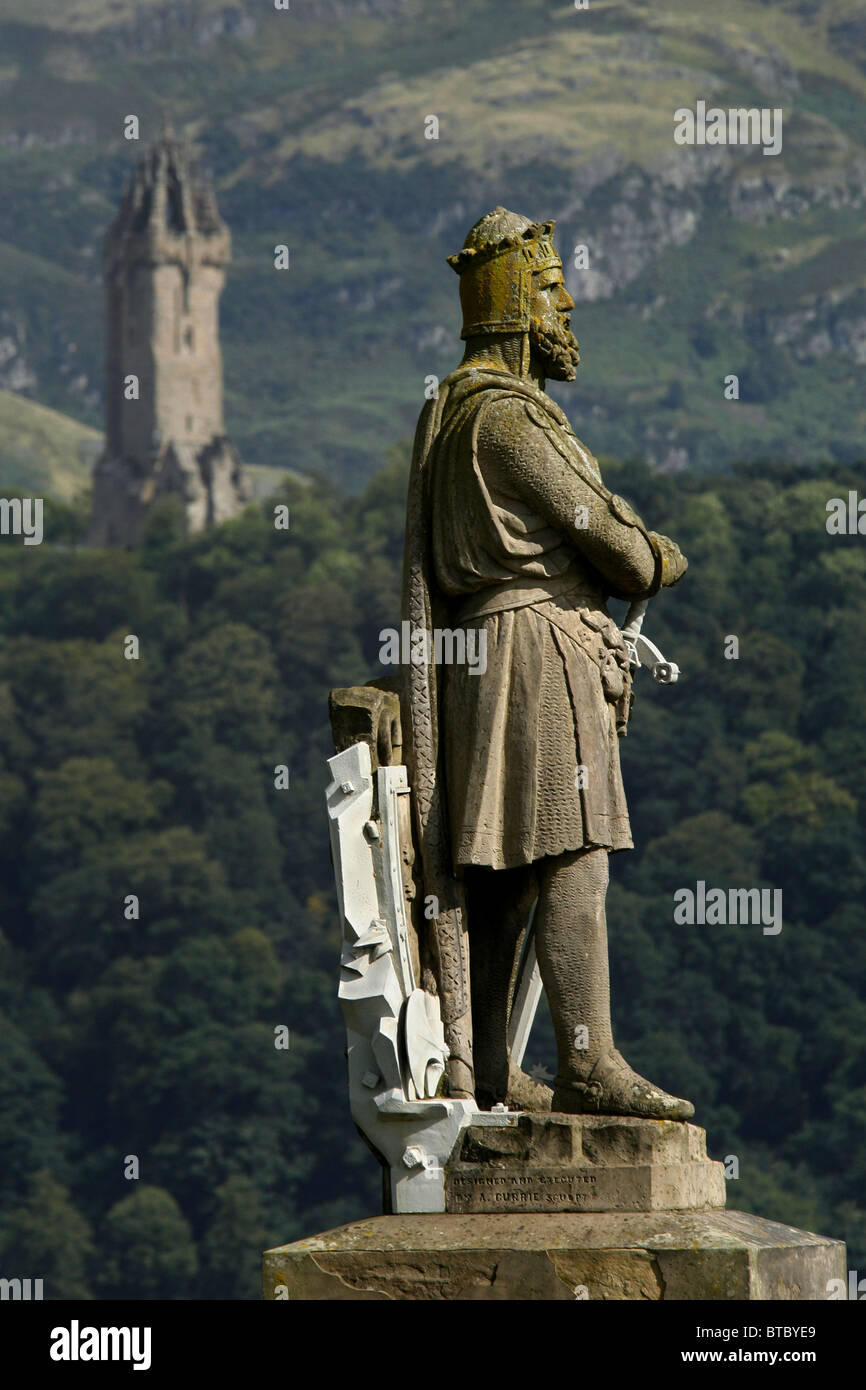 Robert the Bruce Statue & The National Wallace Monument, Stirling Castle, Stirling, Scotland Stock Photo