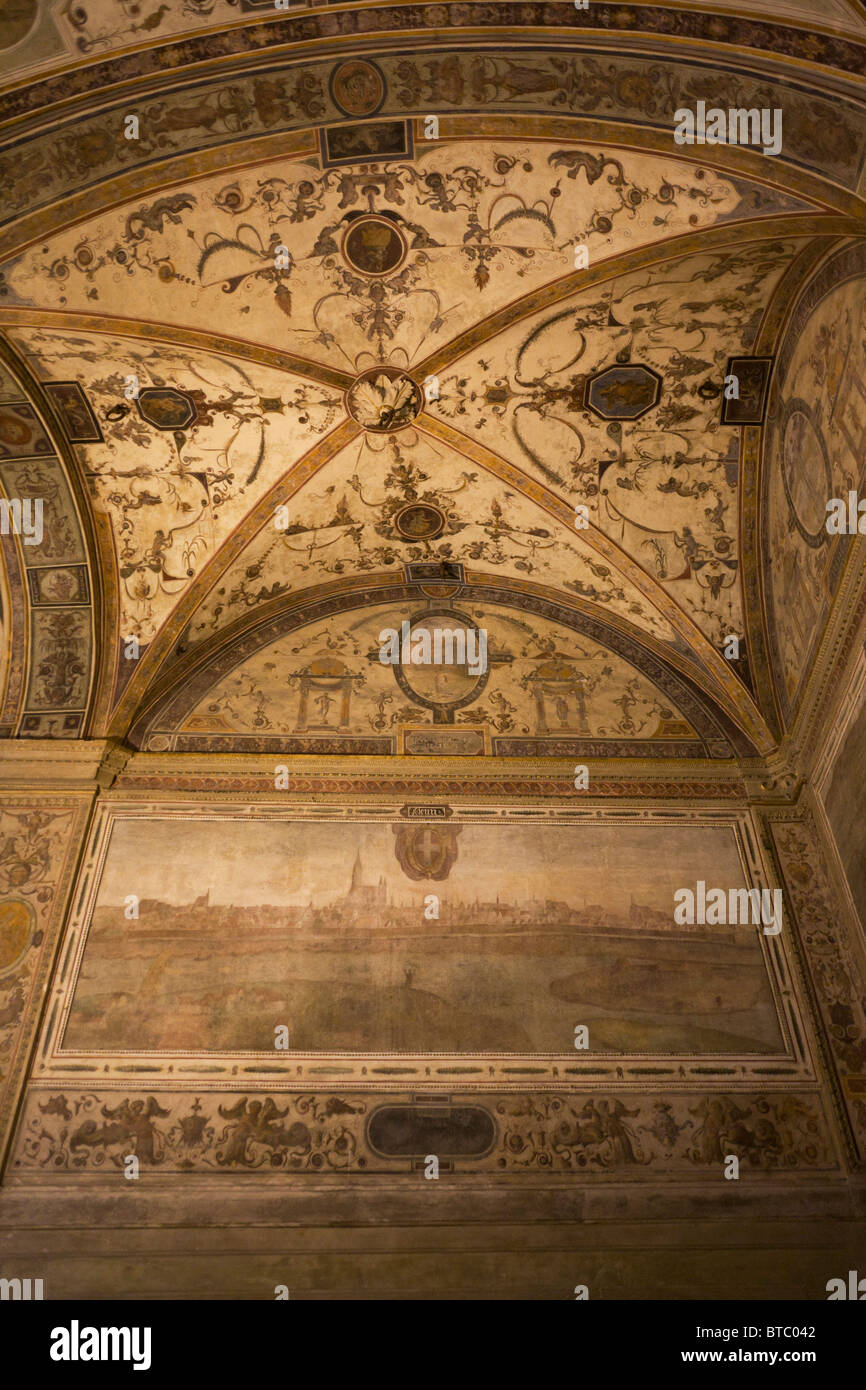 Renaissance frescoes on ceiling of Palazzo Vecchia in Florence's Piazza della Signoria. Stock Photo