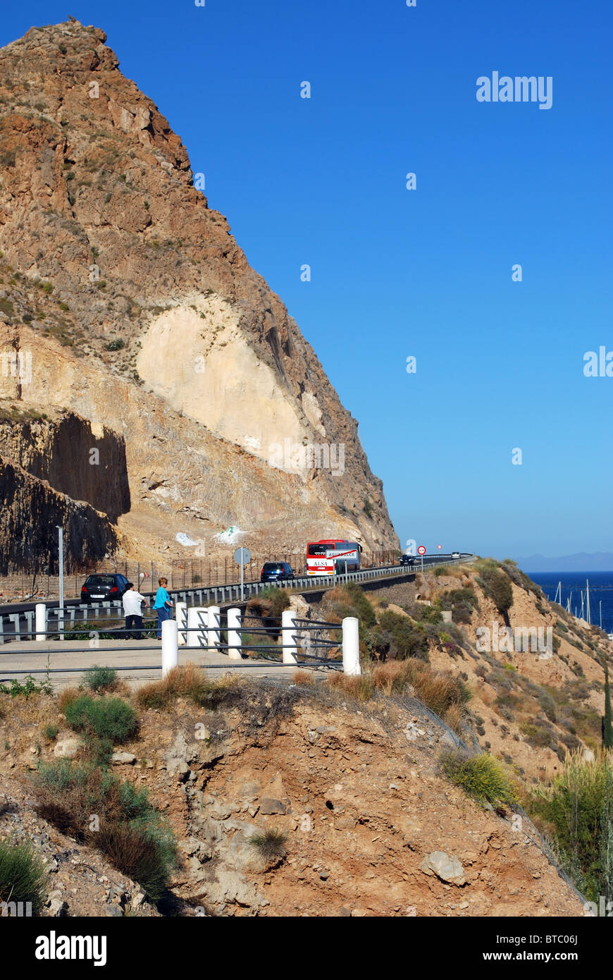 View of the rugged coastline and coast road, Roquetas de Mar, Costa Almeria, Almeria Province, Andalucia, Spain, Western  Europe Stock Photo