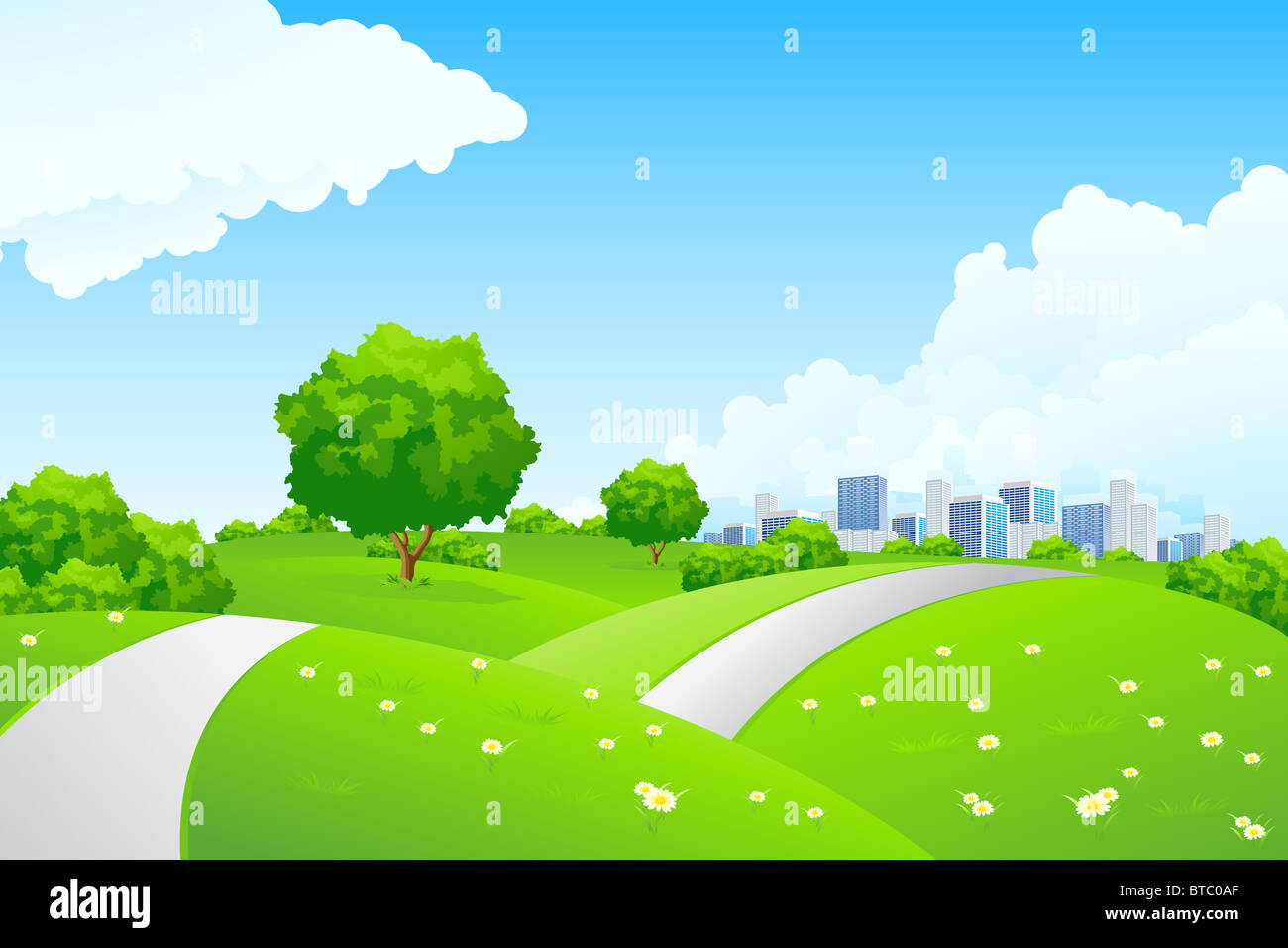 Landscape - green hills with tree cityscape and cloudscape Stock Photo ...
