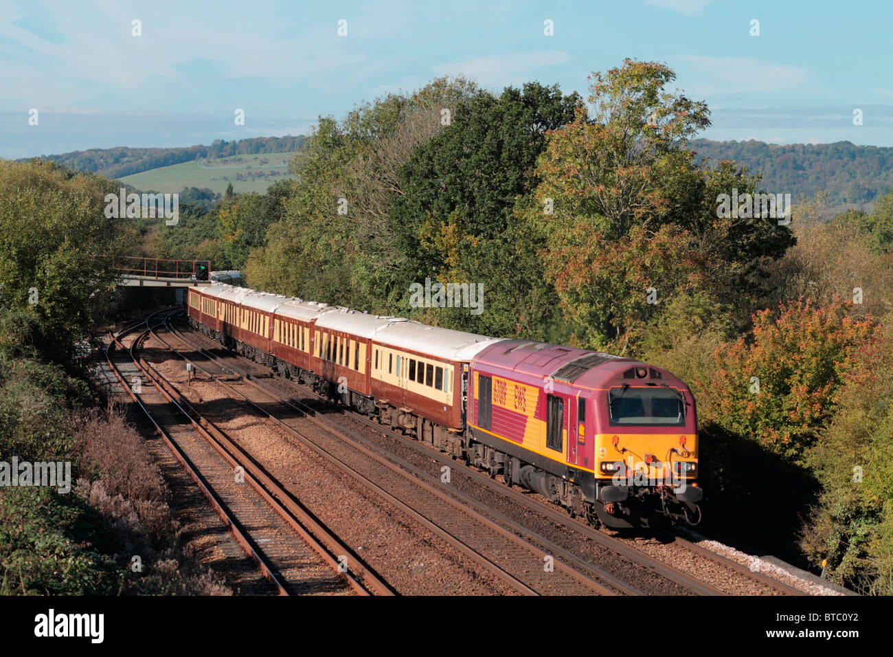 The Venice Simplon Orient Express luxury dining train passing though the Kent countryside at Otford Junction in Kent. Stock Photo
