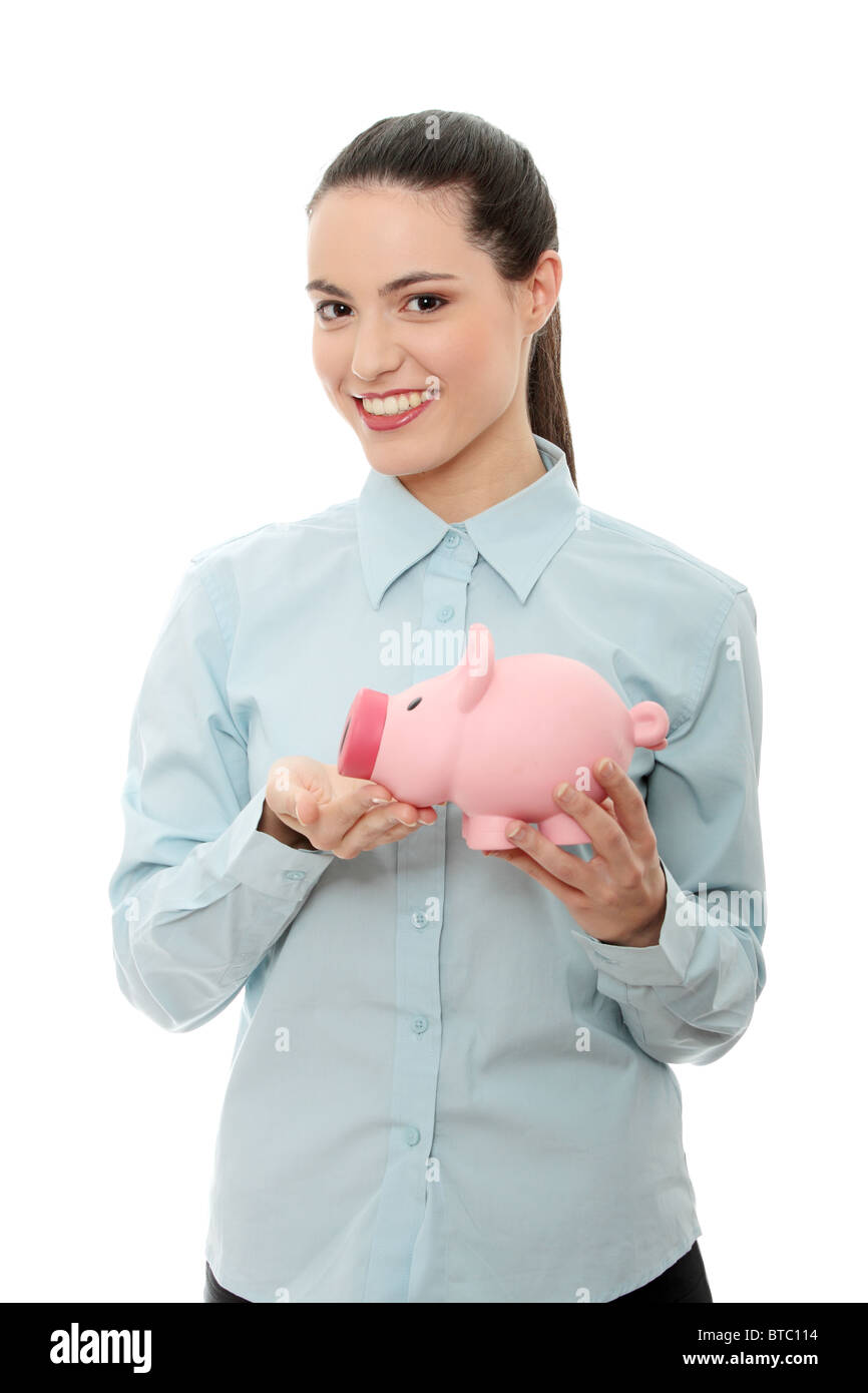 Businesswoman holding piggy bank. Isolated on white background Stock ...