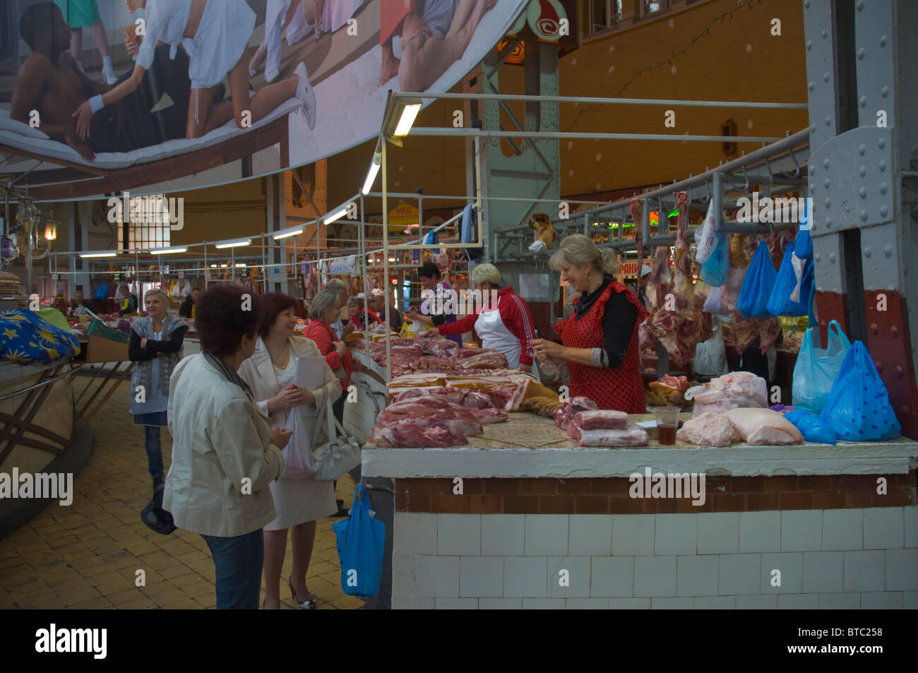 Meat stall Bessarabsky rynok market central Kiev Ukraine Europe Stock