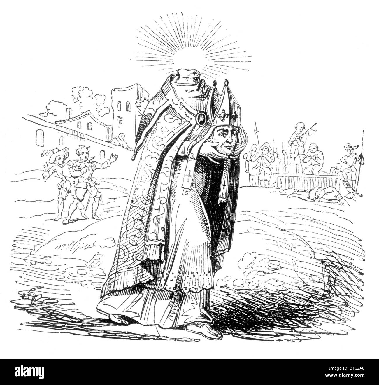 St Denys carrying his severed head; Black and White Illustration from William Hone's Everyday Book Stock Photo