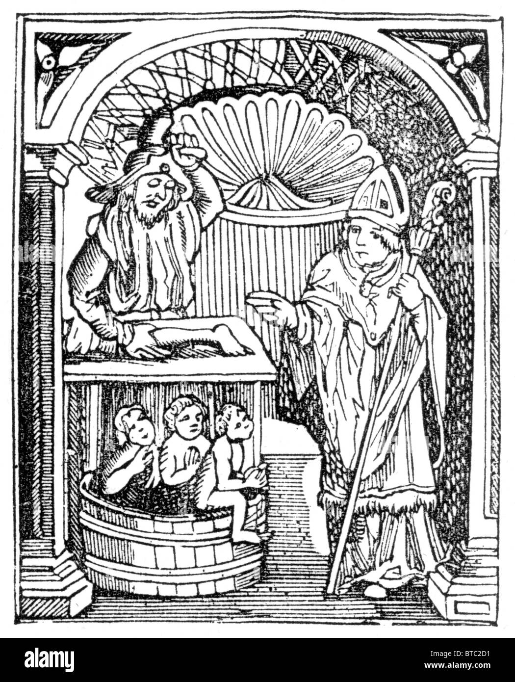 The Legend of Saint Nicholas, reviving the three children drowned in a vat; Black and White Illustration Stock Photo
