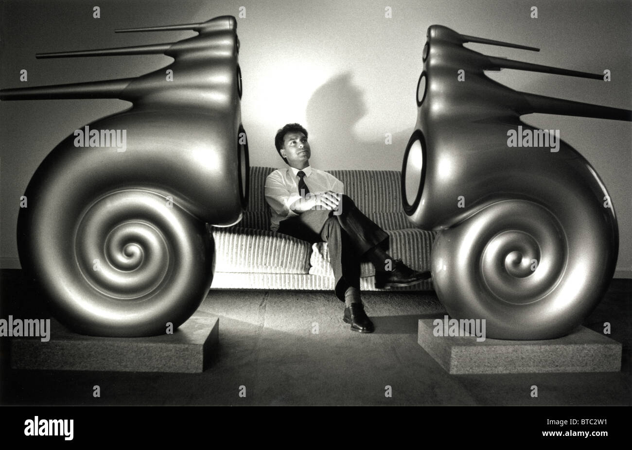 A sound engineer testing a pair of prototype Nautilus speakers by Bowers and Wilkins Stock Photo