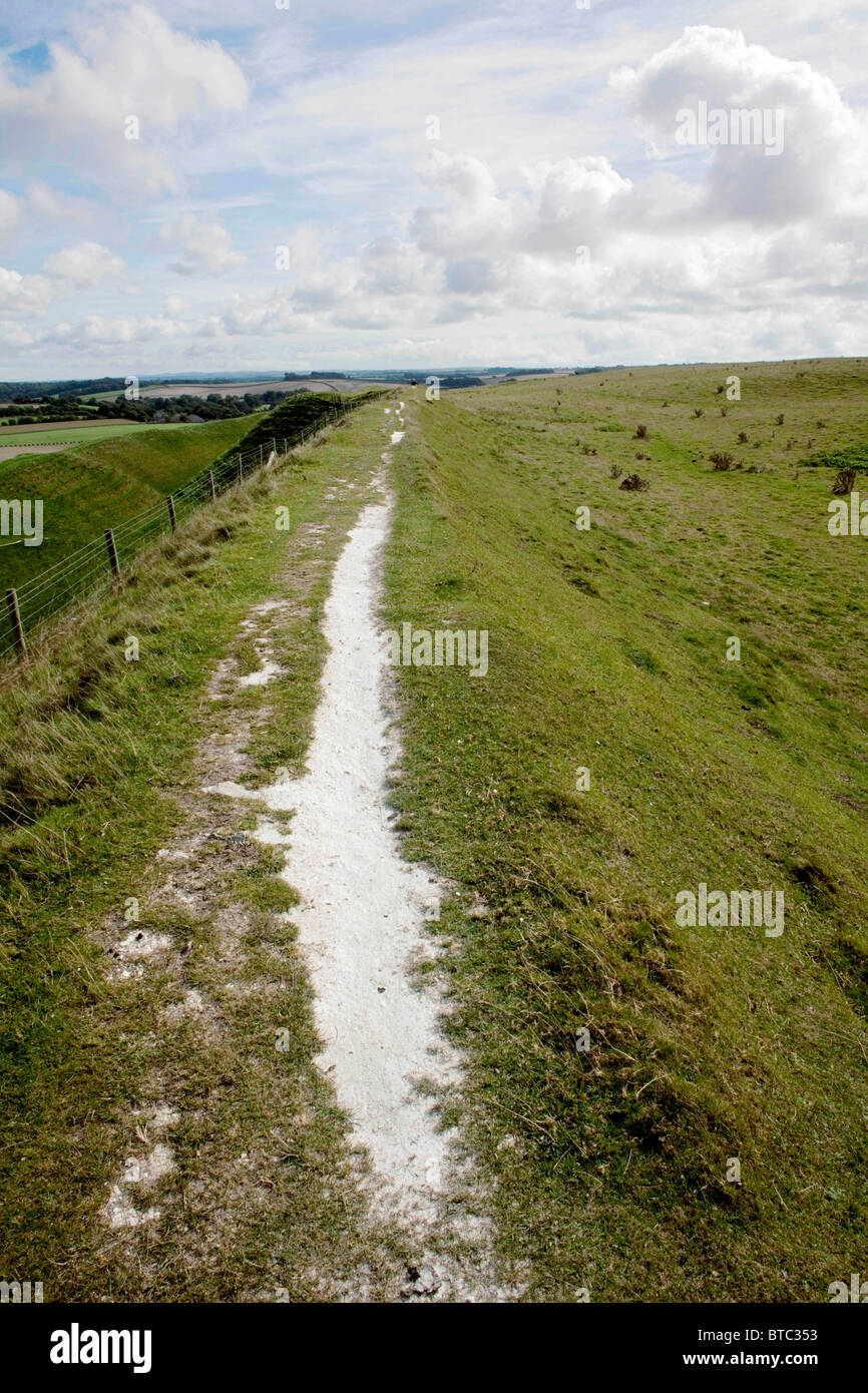 A well used pathway exposing white chalk along the top of the Iron Age hill fort of Dorchester's Maiden Castle. DAVID MANSELL Stock Photo