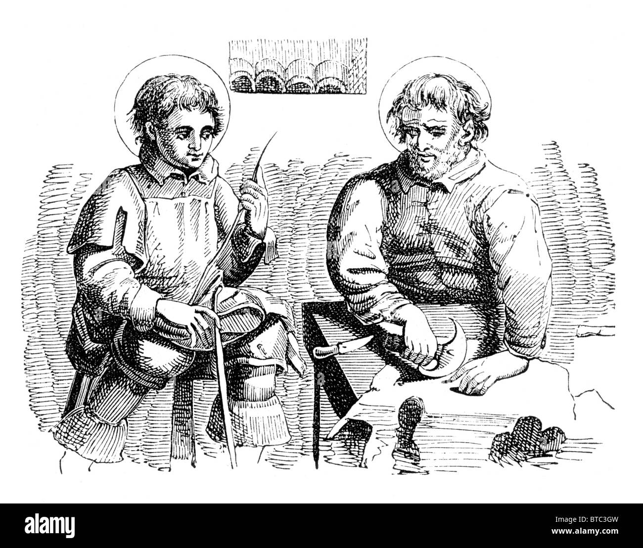 Saint Crispin and Crispinian, Patrons of the gentle craft; Black and White Illustration from William Hone's Everyday Book Stock Photo
