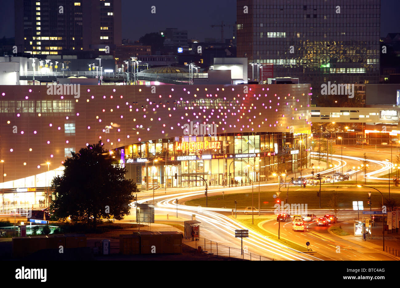 City skyline of Essen, Germany, at night. Shopping mall 'Limbecker Platz' in the city center. Business district. Stock Photo