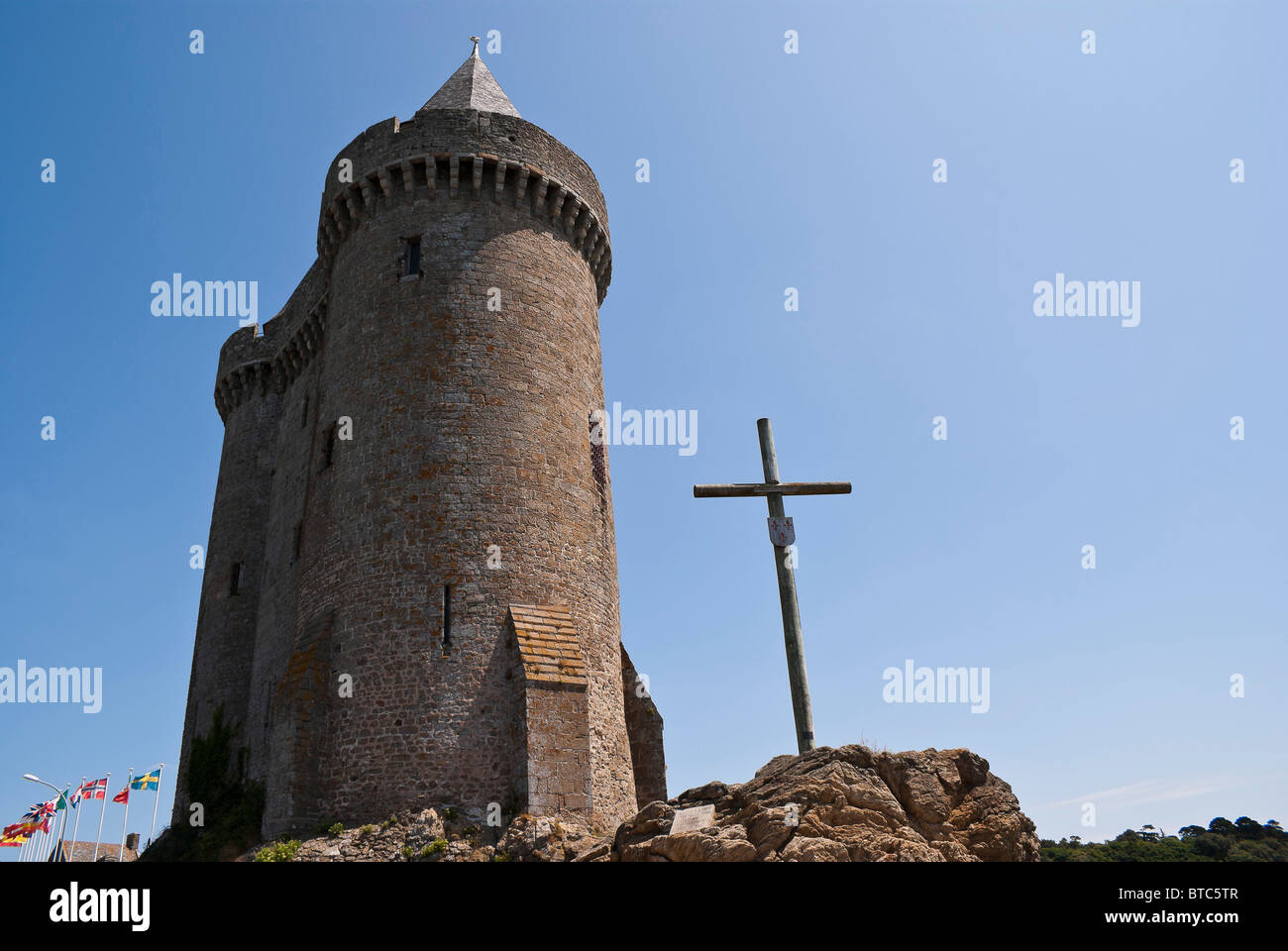 Middle age  tour Solidor in st Servan in the city of St Malo  and Jaques cartier cross Stock Photo