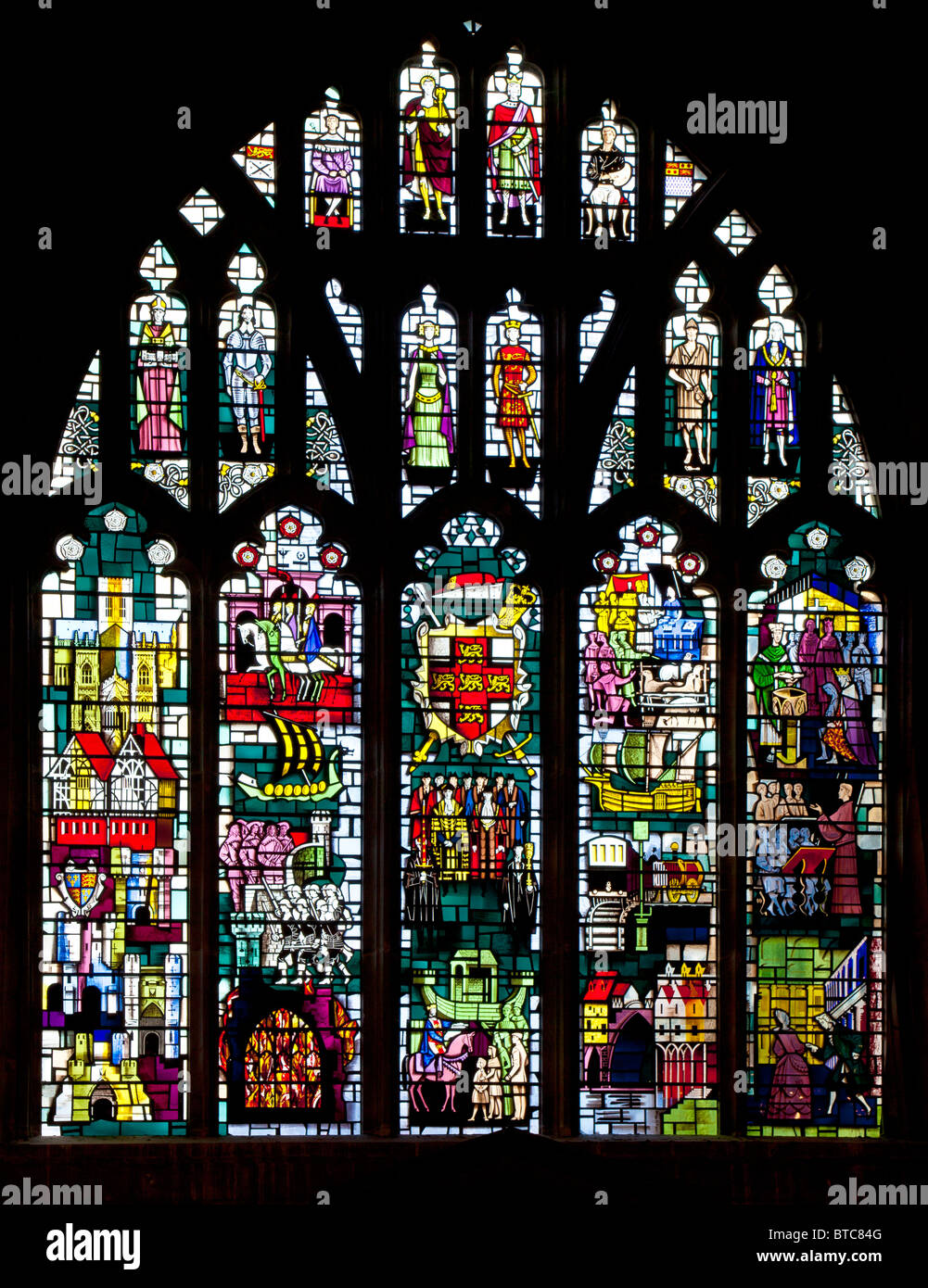 Painted glass window in the Guildhall, York, North Yorkshire. Stock Photo