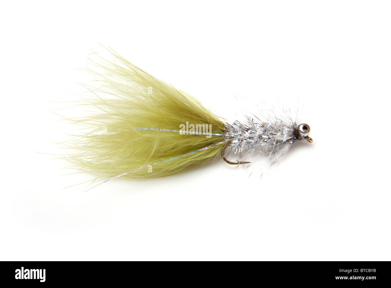 Humongous trout fly size 10 isolated on a white studio background Stock