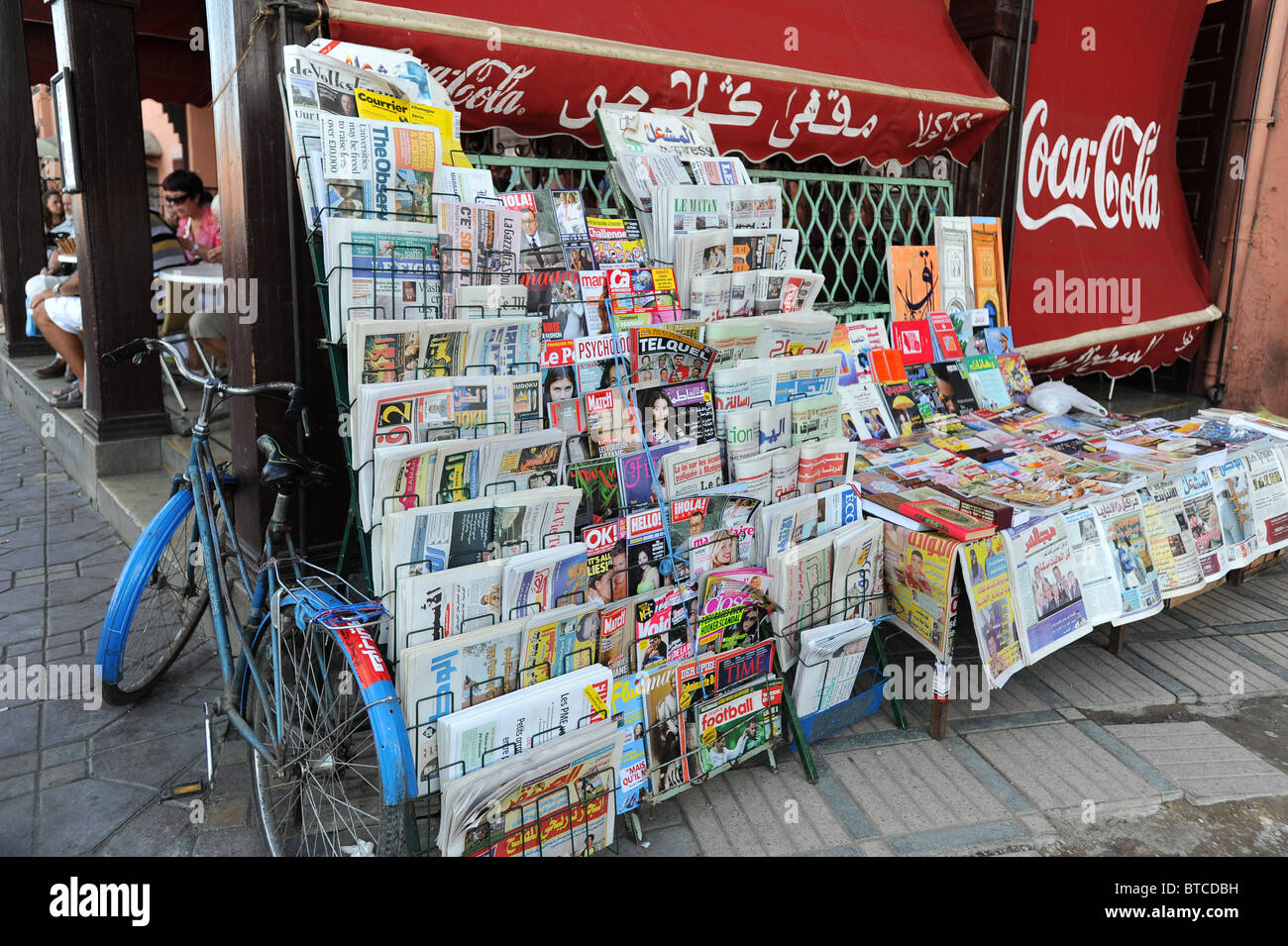 Newspaper and magazine stand in Djemaa El Fna, Marrakech, Morocco, North Africa Stock Photo